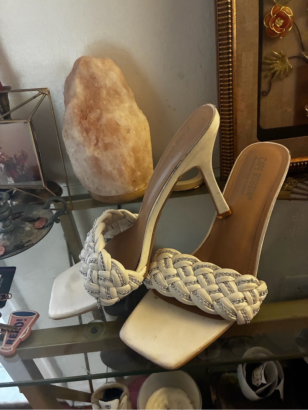 Cape Robbin White Braided Square-Toe High Heel Mule with Silver Accent